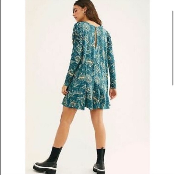 FREE PEOPLE Blue Floral Ruched Long Sleeve Mini Tunic Dress XS - Picture 8 of 14